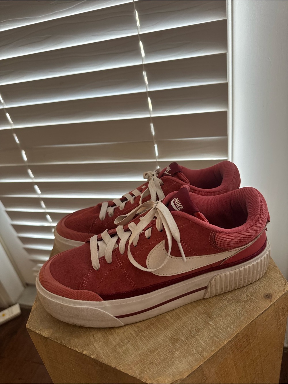 Nike Pink-Red Suede Platform Sneakers with White Swoosh